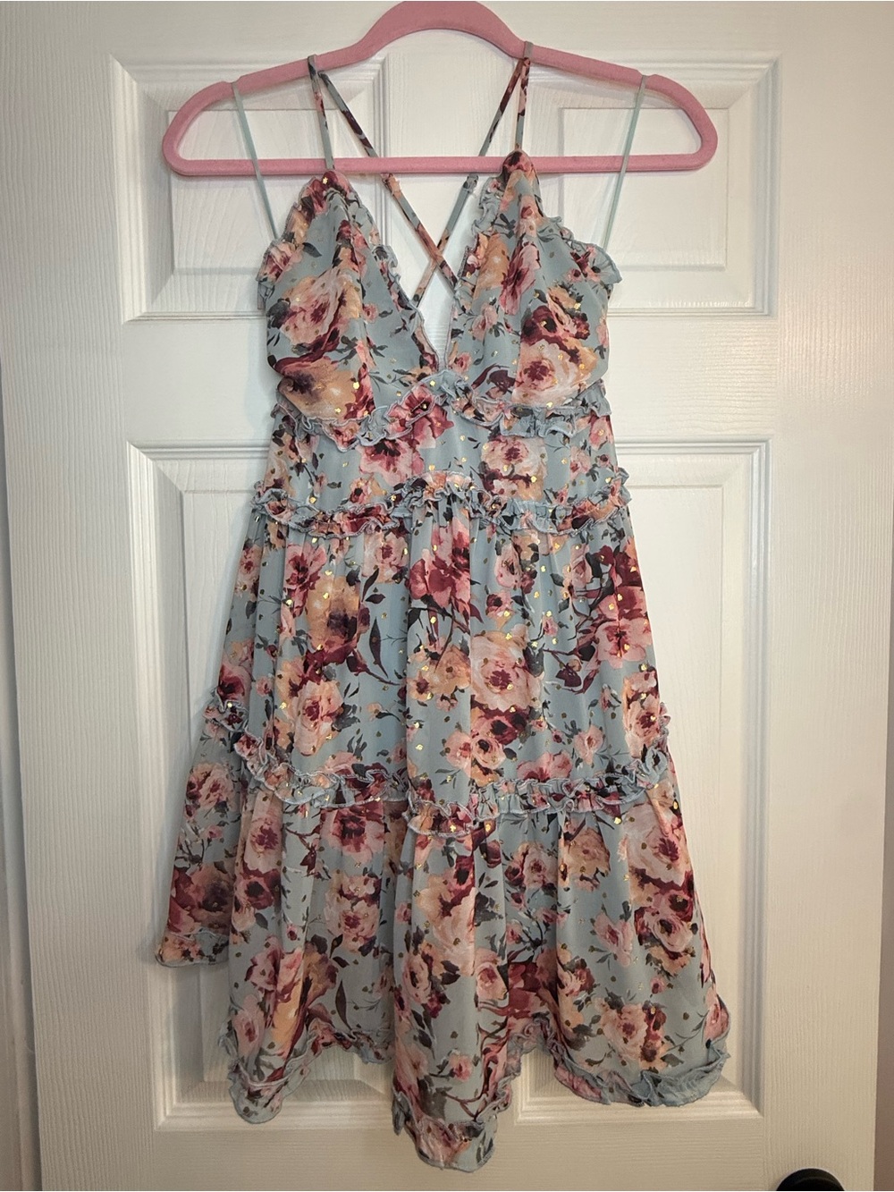 Altar'd State Light Blue Floral Tiered Sundress with Crisscross Straps